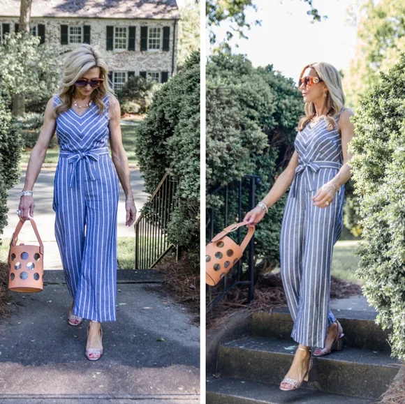 Loft Jumpsuit Belted Striped Wide Leg Jumpsuit Grey White 8 - Picture 3 of 9